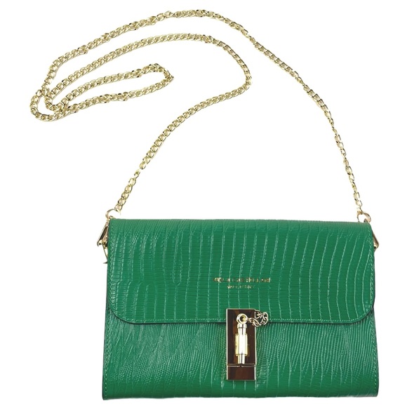 Viola Castellani Handbags - Viola Castellani Green Embossed Leather Milano Crossbody Bag, Gold Chain Strap